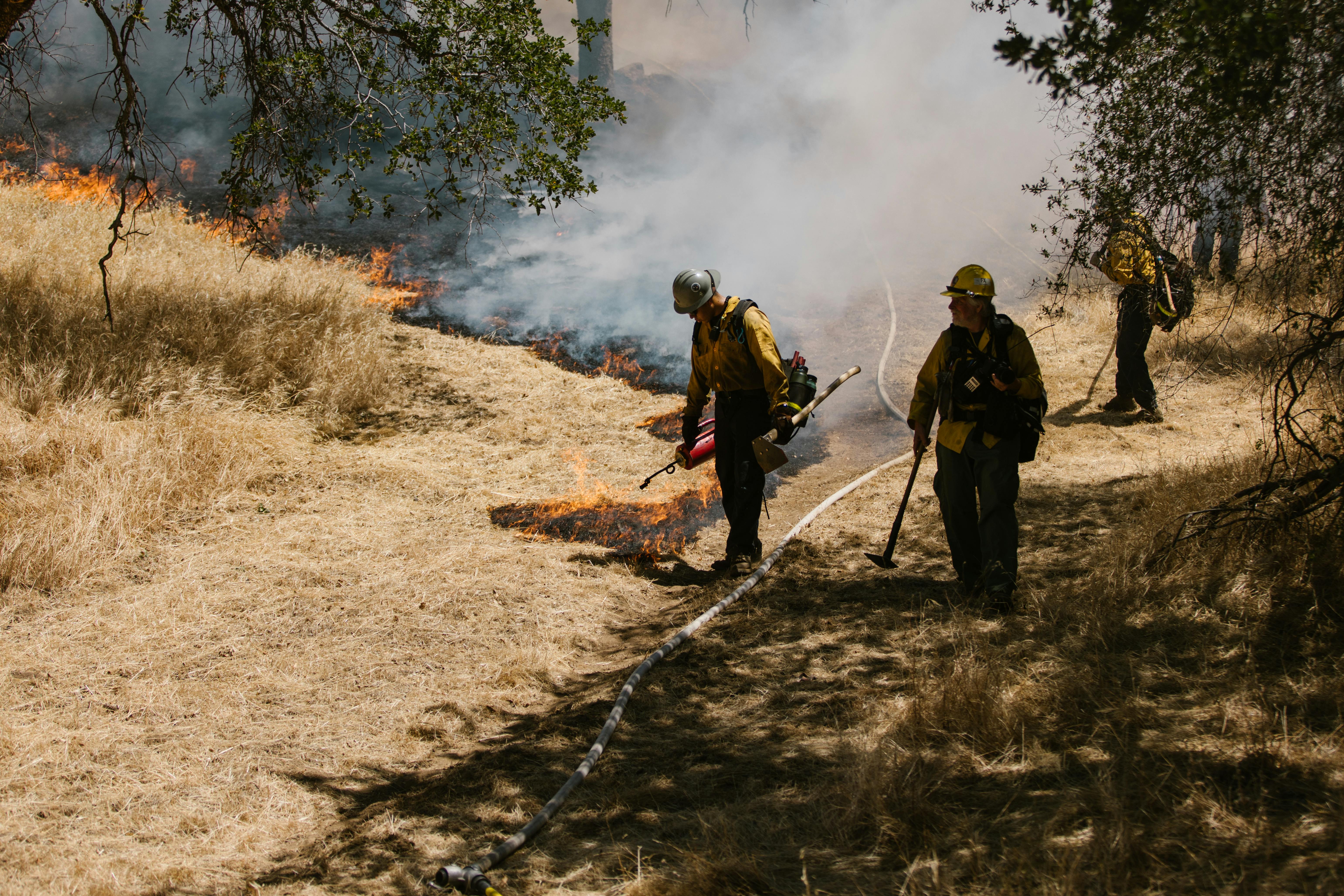 Wildland firefighters with line packs lighting a backfire in a grassy area with smoke in the background